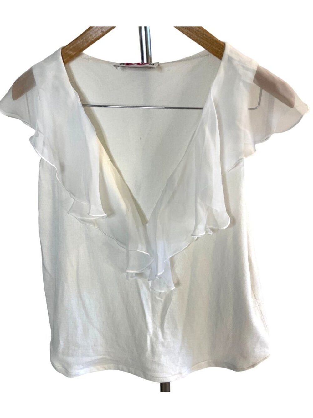 Vintage Design 90 Small White Sleeveless V Neck Top Sheer Ruffle Collar Beach